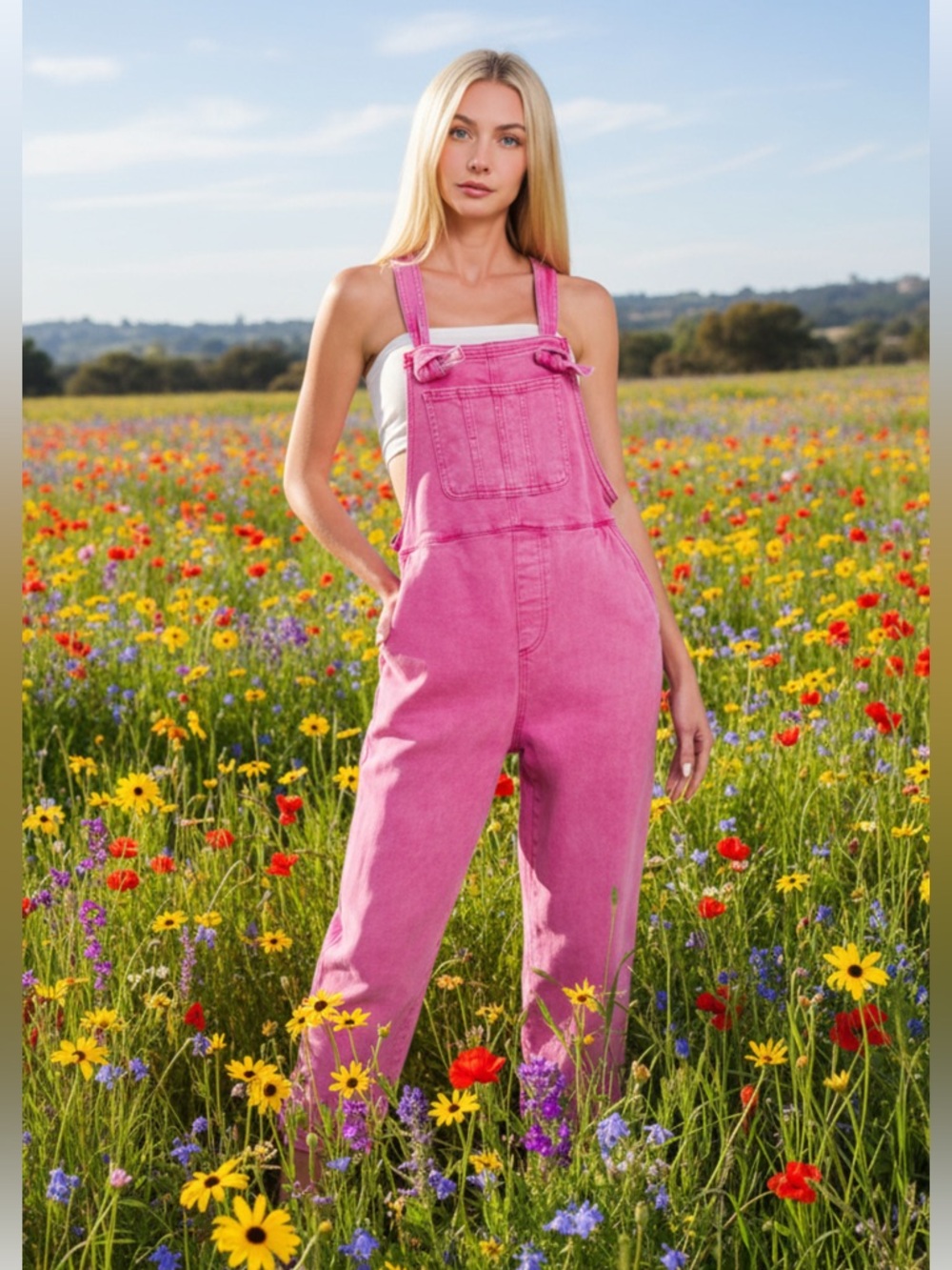 NWT Zenana Knotted Straps Casual Pink Denim Wide Leg Overalls